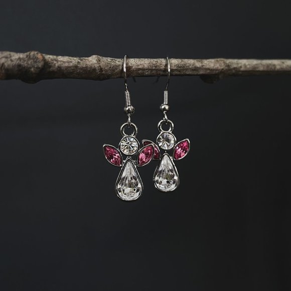 Jewelry - Dainty Silver Angel Crystal Rhinestone Pink Wings October Birthstone Earrings